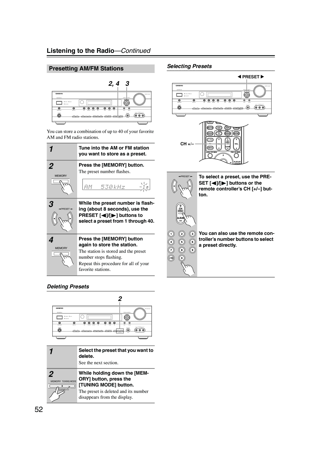 Onkyo TX-SR506, TX-SR576 instruction manual Selecting Presets, Deleting Presets 