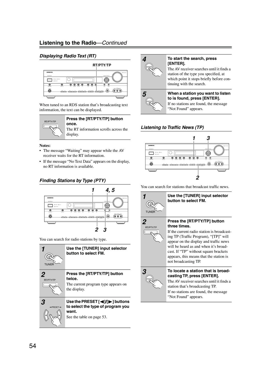 Onkyo TX-SR506, TX-SR576 Displaying Radio Text RT, Listening to Trafﬁc News TP, Finding Stations by Type PTY 