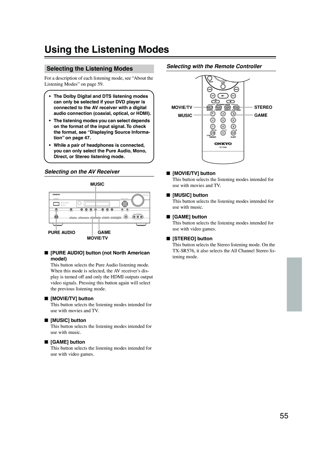 Onkyo TX-SR576, TX-SR506 Using the Listening Modes, Selecting the Listening Modes, Selecting with the Remote Controller 