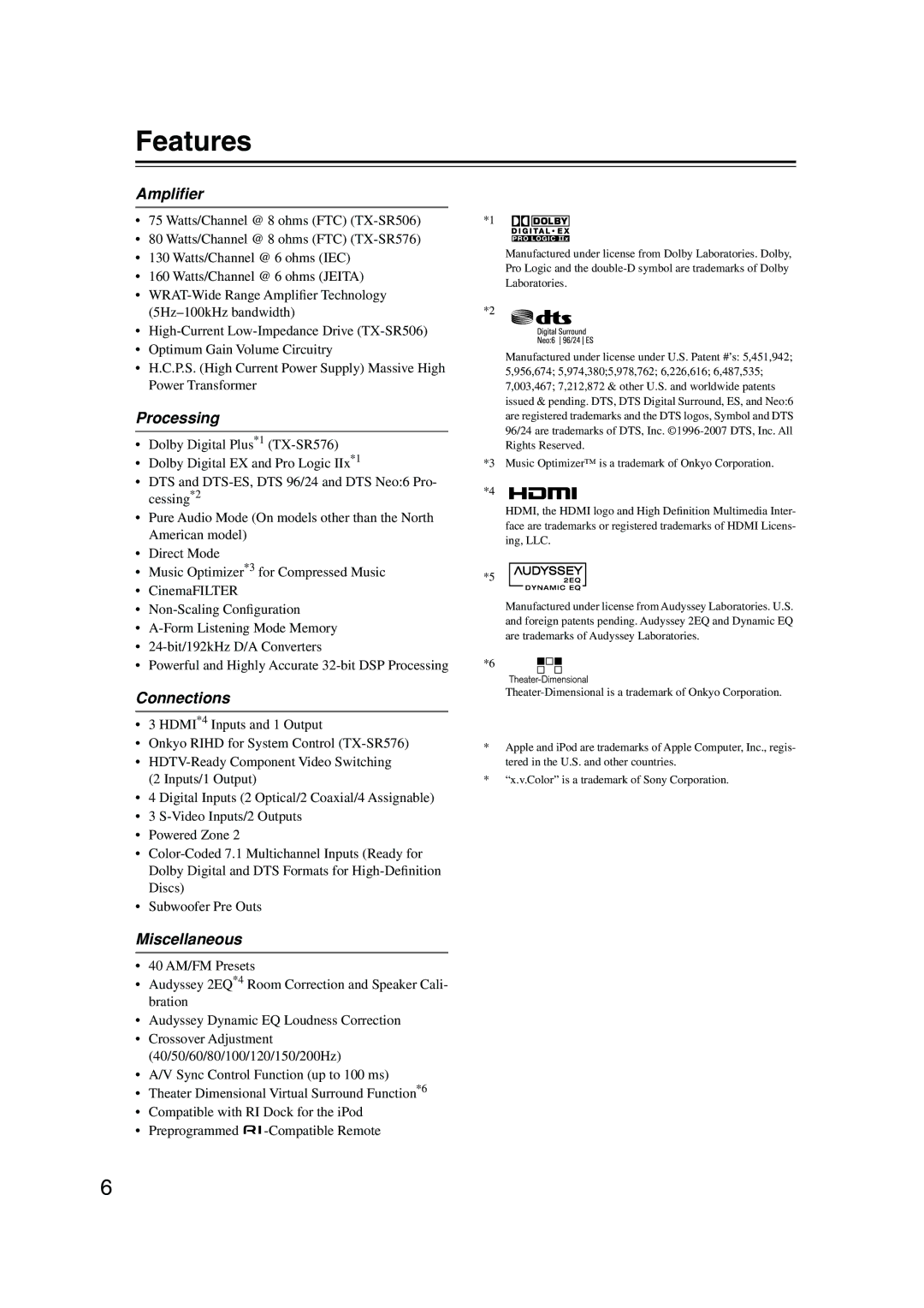 Onkyo TX-SR506, TX-SR576 instruction manual Features, Ampliﬁer, Processing, Connections, Miscellaneous 