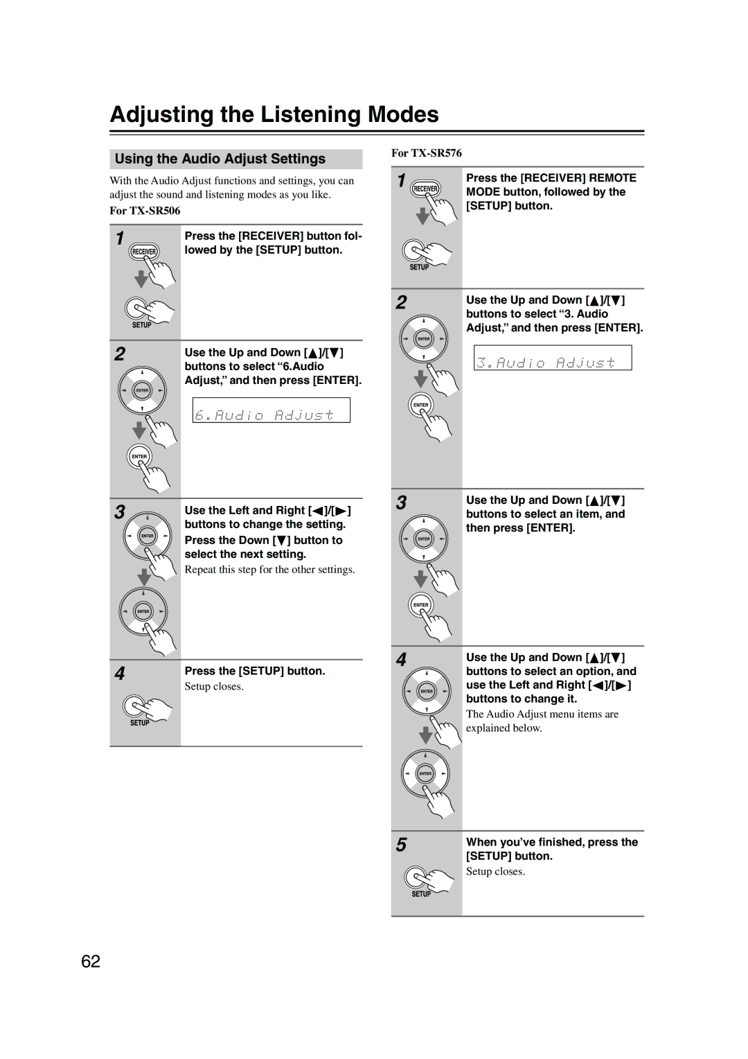 Onkyo TX-SR506, TX-SR576 instruction manual Adjusting the Listening Modes, Using the Audio Adjust Settings 