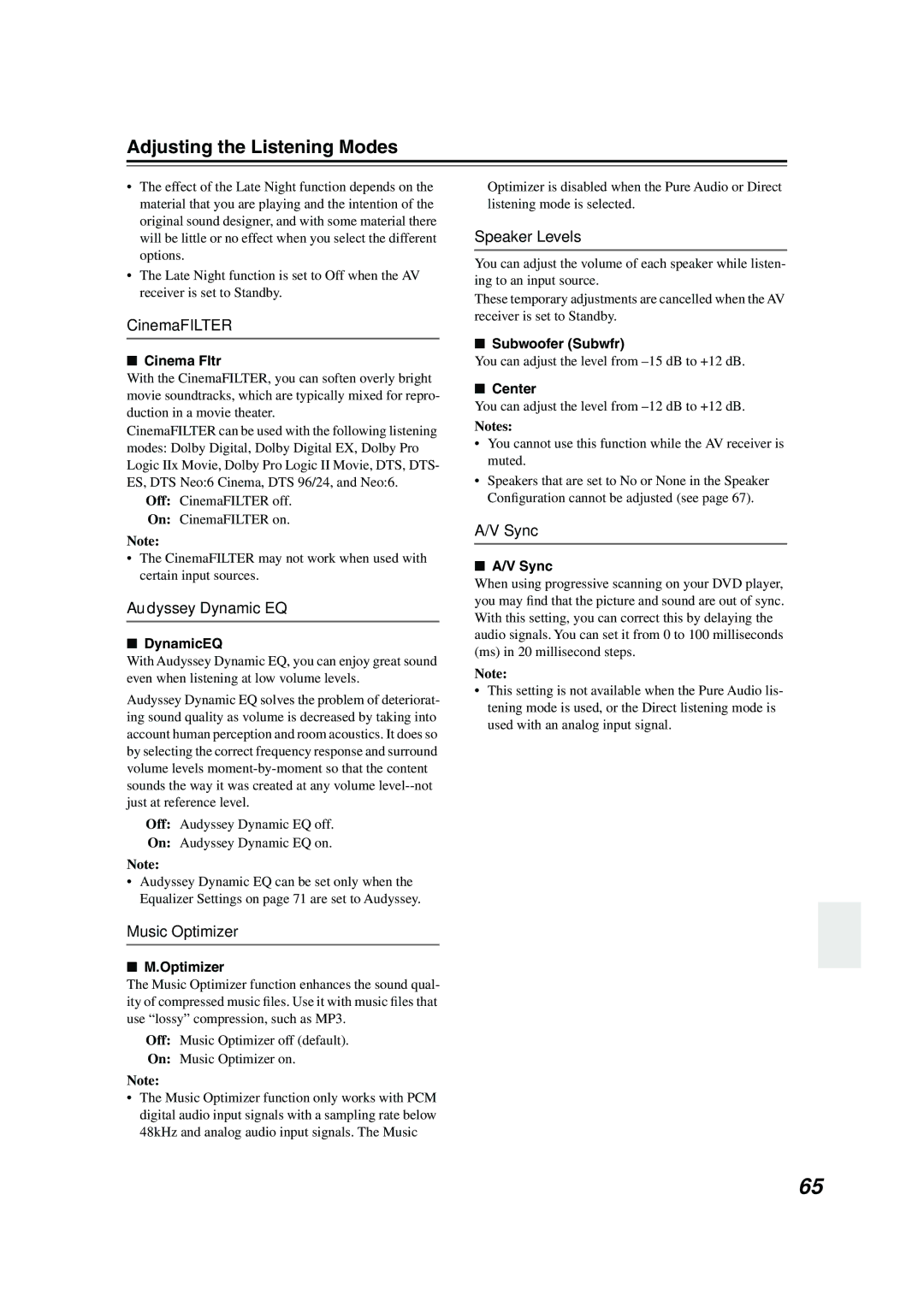 Onkyo TX-SR576, TX-SR506 instruction manual CinemaFILTER, Audyssey Dynamic EQ, Music Optimizer, Speaker Levels, Sync 