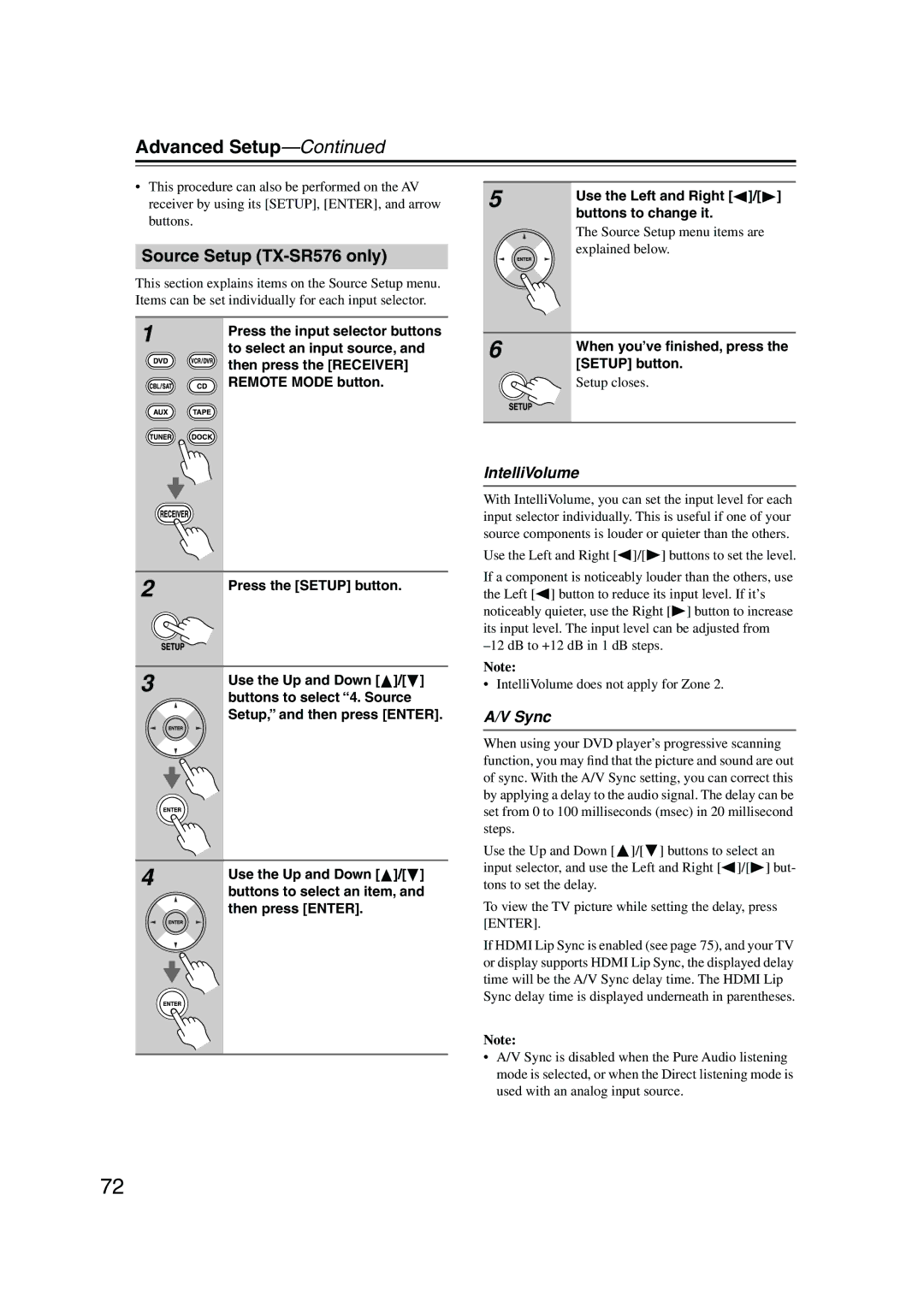 Onkyo TX-SR506 instruction manual Source Setup TX-SR576 only, IntelliVolume 