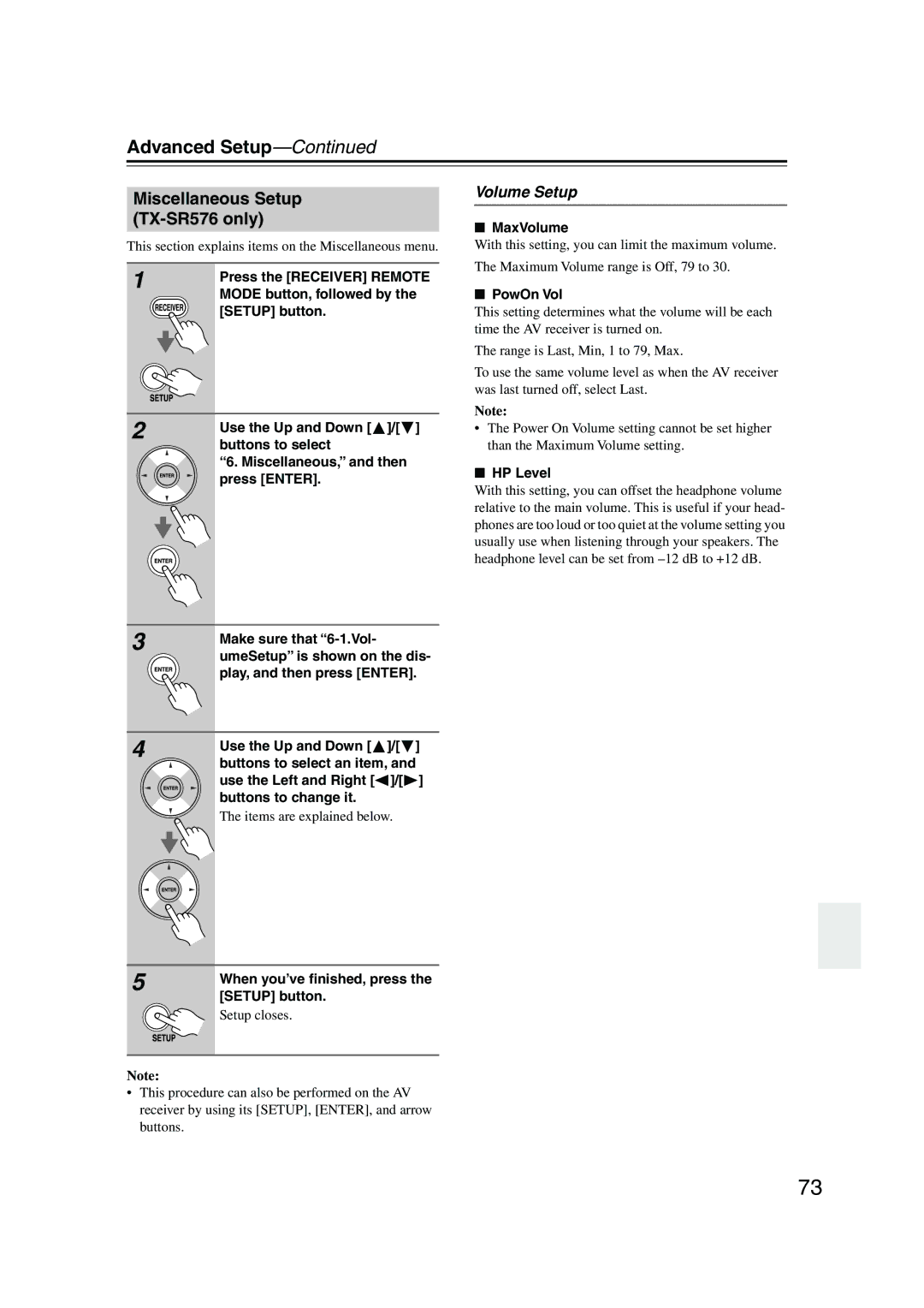 Onkyo TX-SR506 instruction manual Miscellaneous Setup TX-SR576 only, Volume Setup 