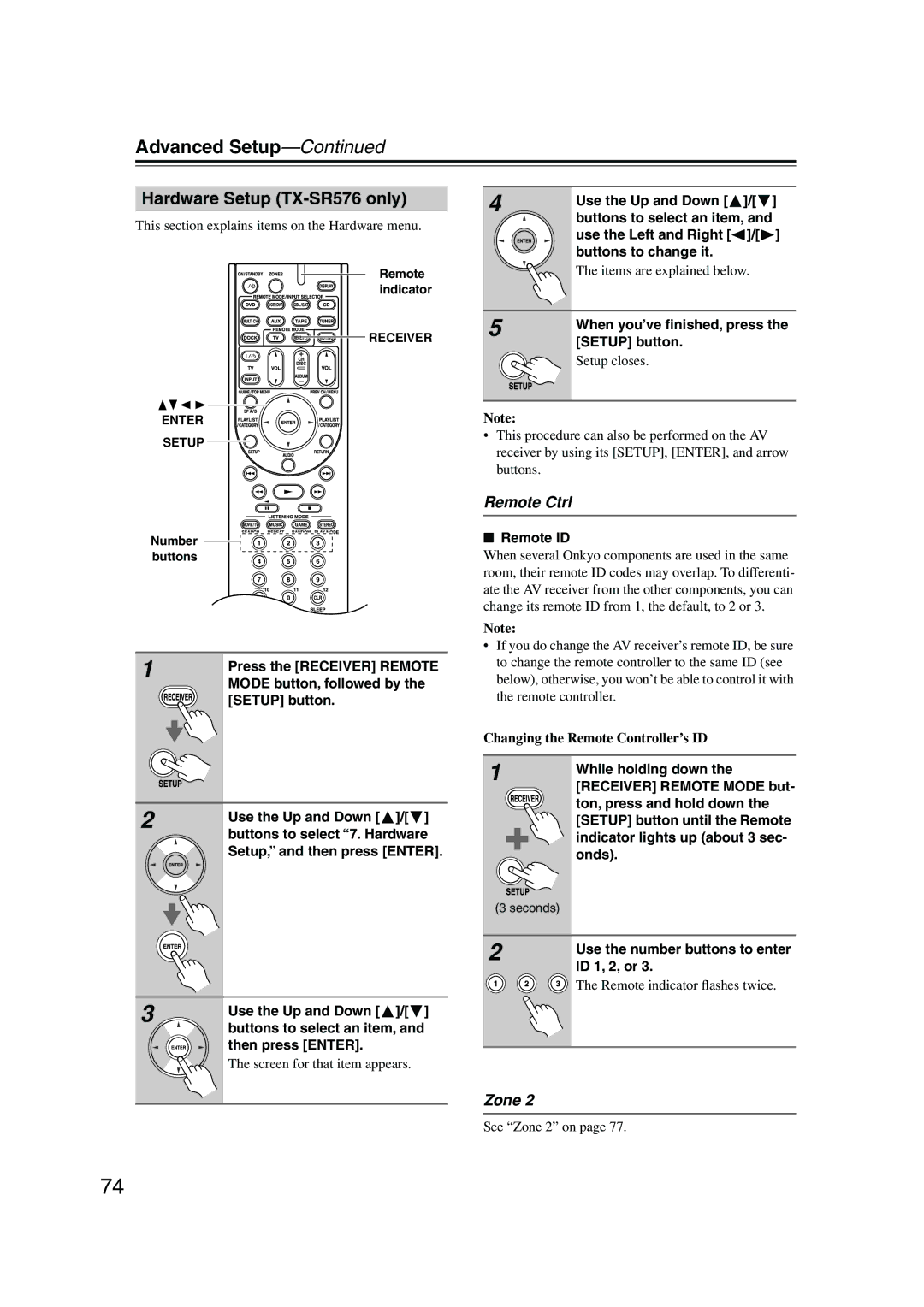 Onkyo TX-SR506 instruction manual Hardware Setup TX-SR576 only, Remote Ctrl, Zone 