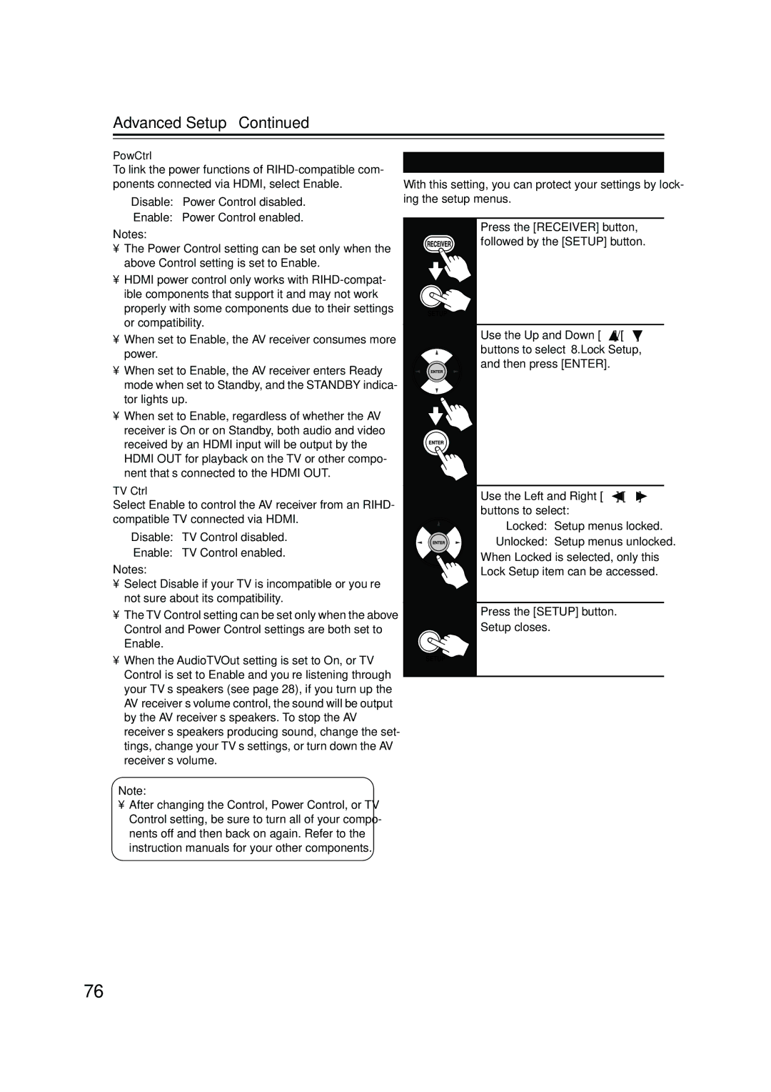 Onkyo TX-SR506 instruction manual Lock Setup TX-SR576 only, Then press Enter Use the Left and Right Buttons to select 