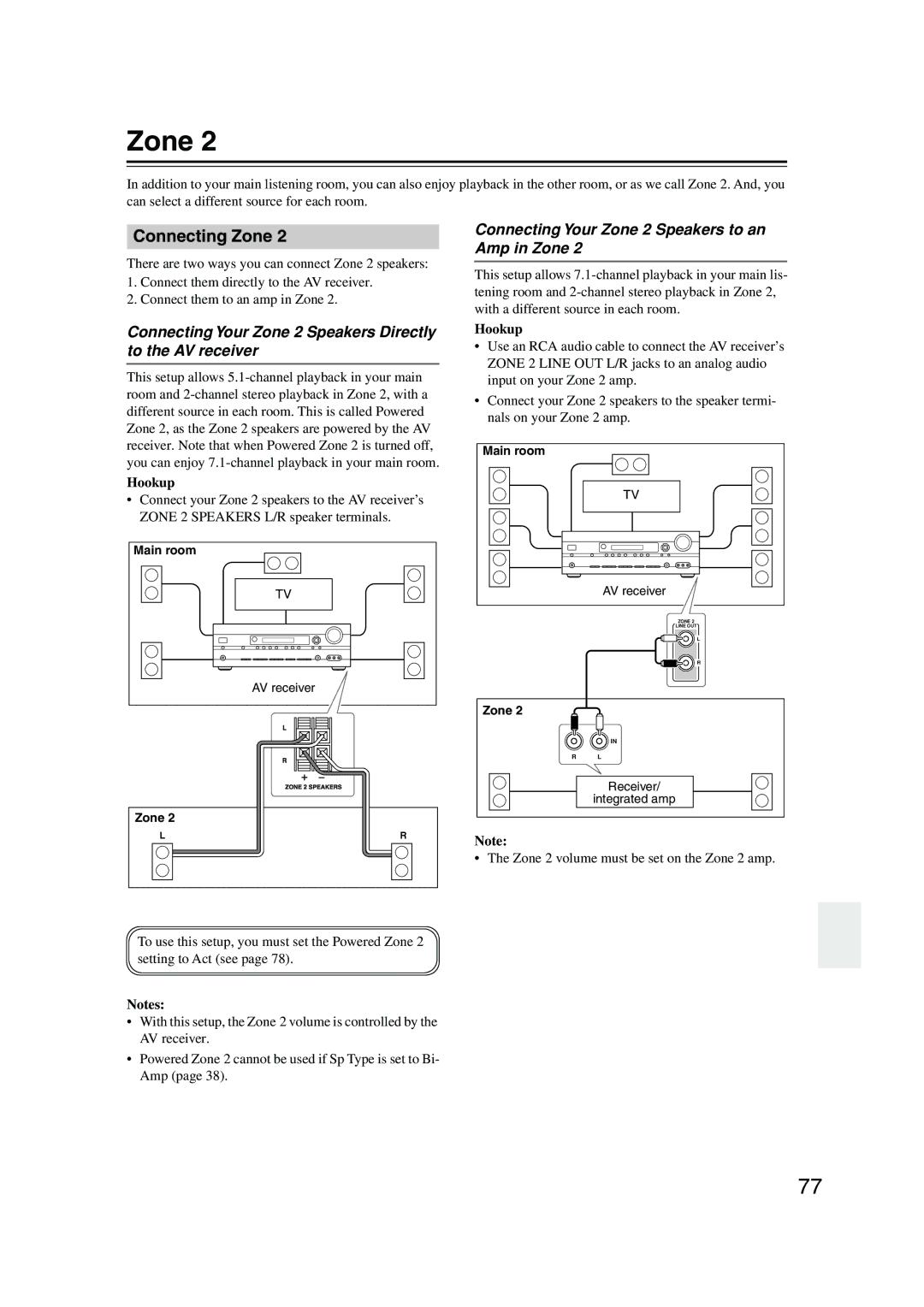 Onkyo TX-SR576, TX-SR506 Connecting Zone, Connecting Your Zone 2 Speakers Directly to the AV receiver, Hookup 