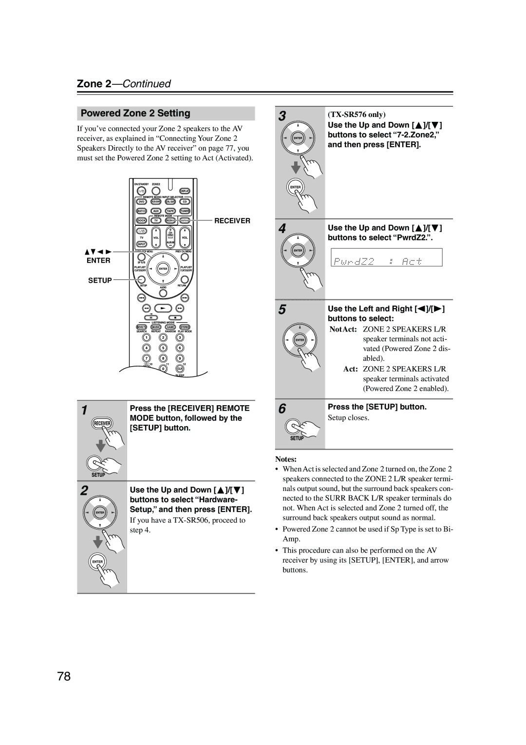 Onkyo TX-SR506 instruction manual Powered Zone 2 Setting3 TX-SR576 only, Buttons to select 7-2.Zone2 