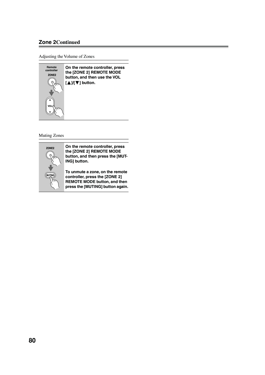 Onkyo TX-SR506, TX-SR576 instruction manual Adjusting the Volume of Zones, Muting Zones 