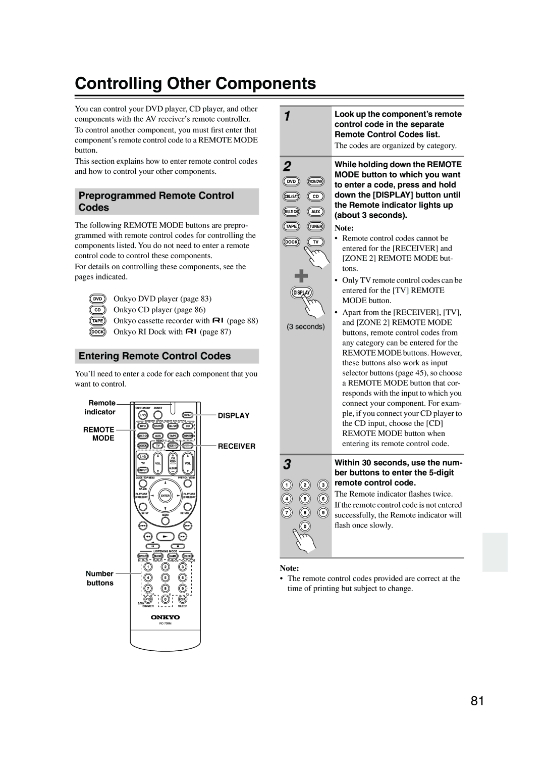 Onkyo TX-SR576, TX-SR506 Controlling Other Components, Preprogrammed Remote Control Codes, Entering Remote Control Codes 