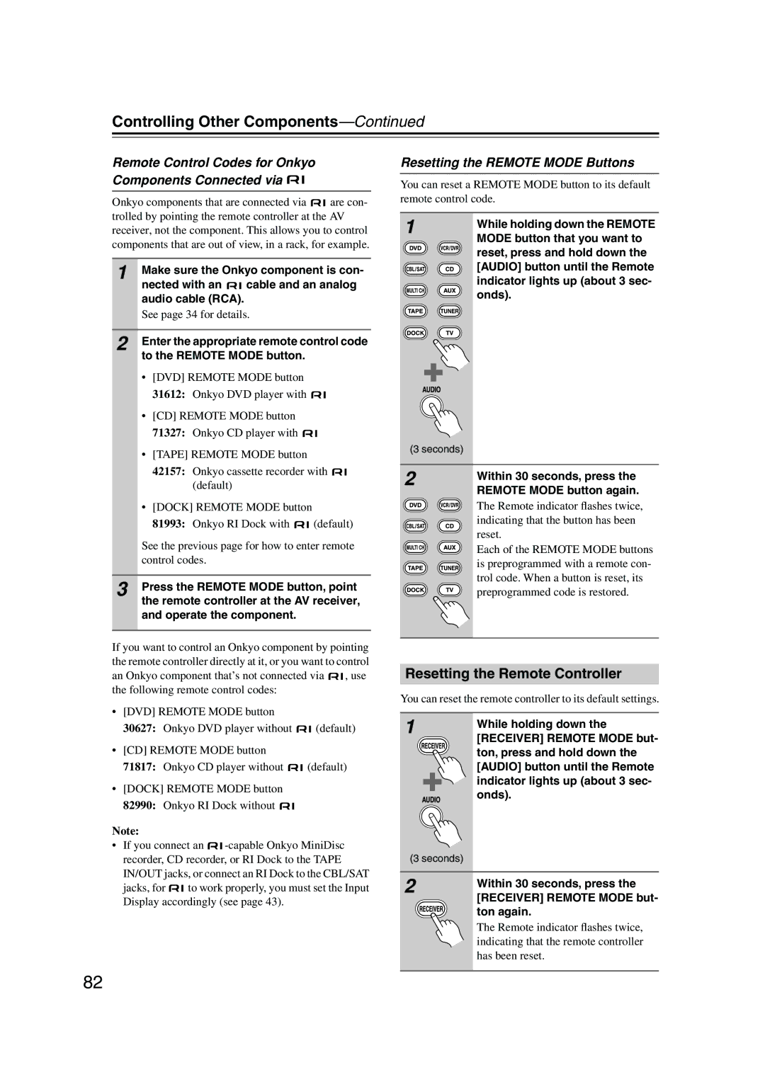 Onkyo TX-SR506, TX-SR576 Controlling Other Components, Resetting the Remote Controller, Resetting the Remote Mode Buttons 