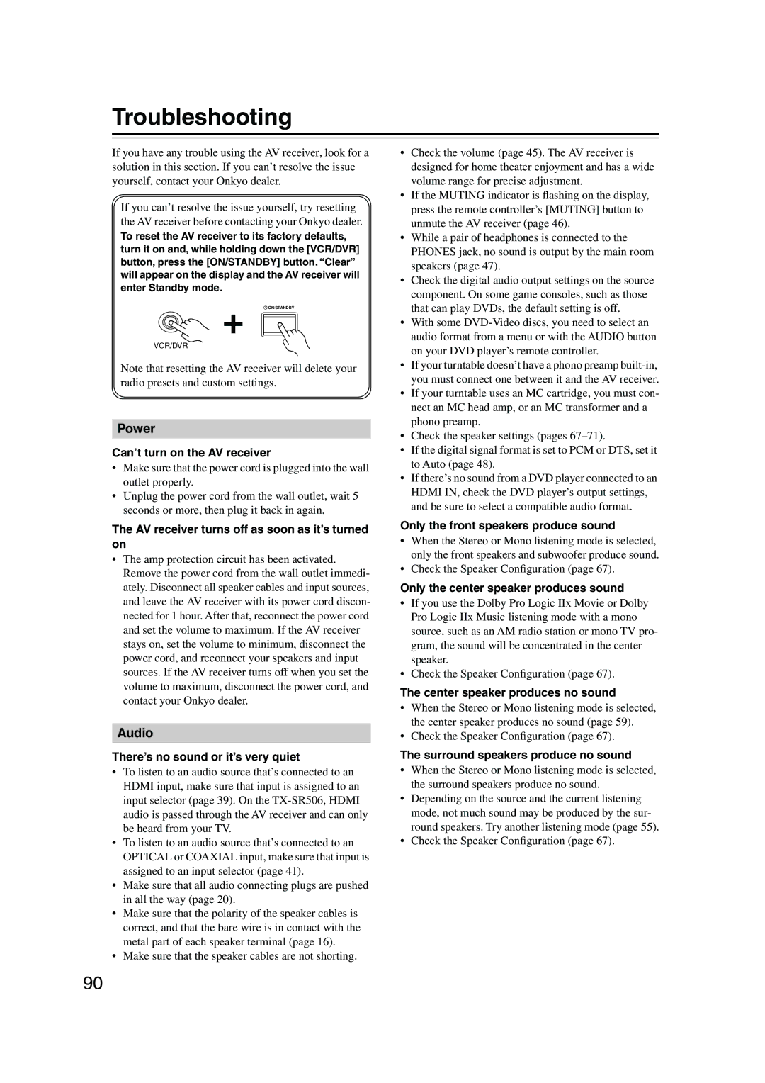 Onkyo TX-SR506, TX-SR576 instruction manual Troubleshooting 