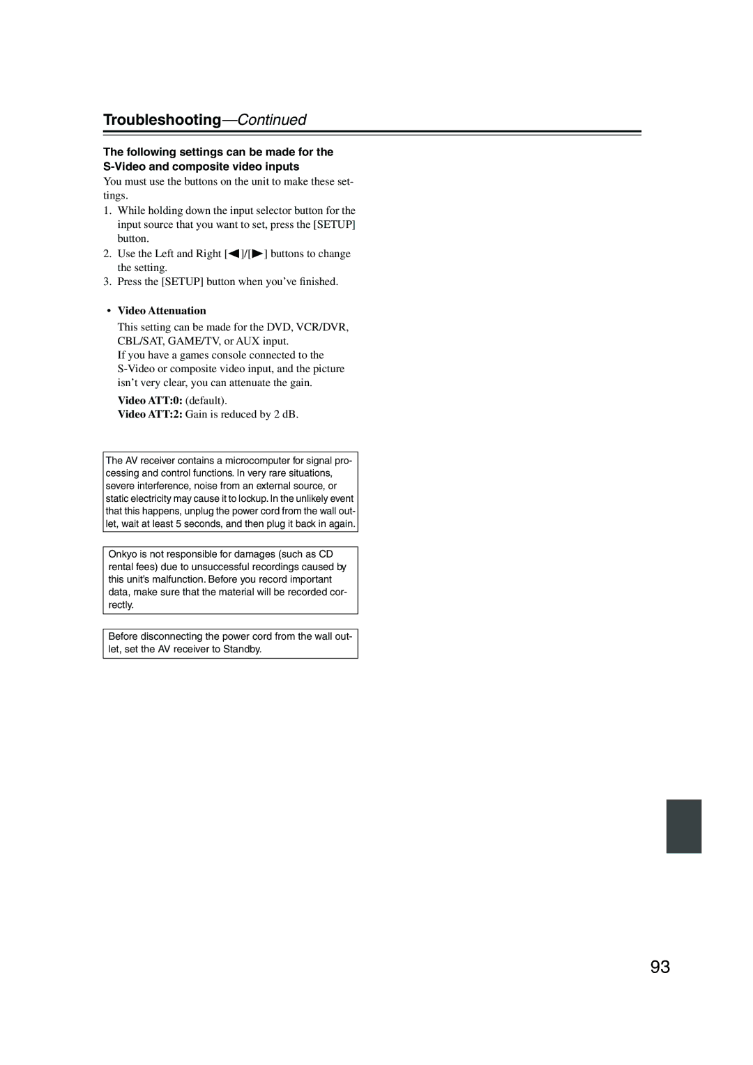 Onkyo TX-SR576, TX-SR506 instruction manual Video Attenuation, Video ATT0 default, Video ATT2 Gain is reduced by 2 dB 