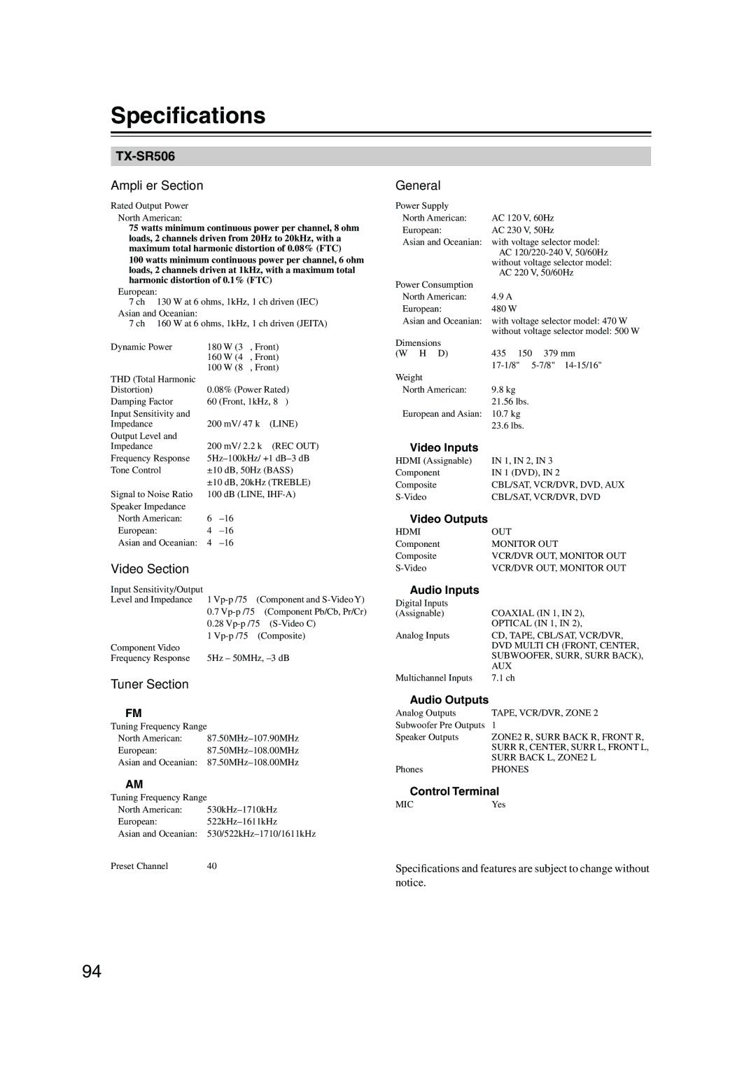 Onkyo TX-SR506, TX-SR576 instruction manual Speciﬁcations, Ampliﬁer Section, Video Section, Tuner Section, General 