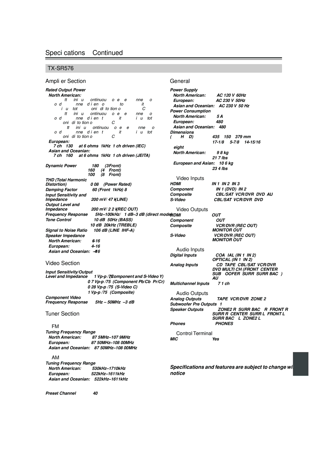 Onkyo TX-SR576, TX-SR506 instruction manual Speciﬁcations 