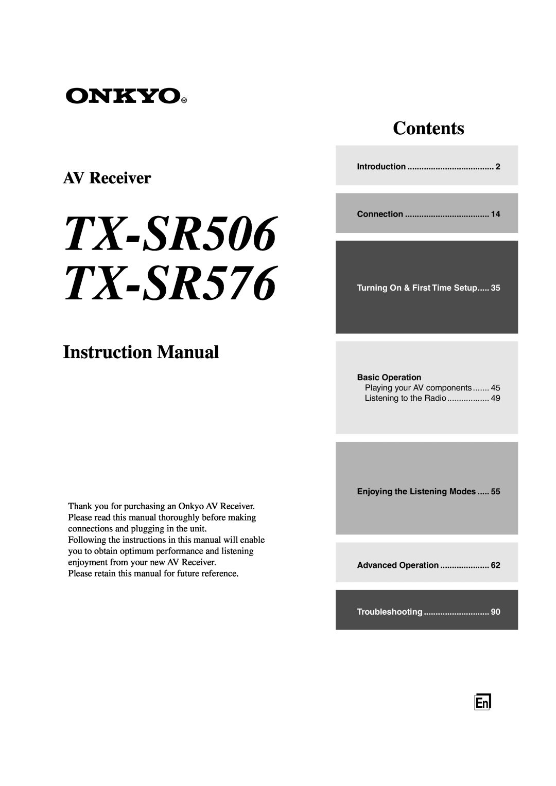 Onkyo instruction manual TX-SR506 TX-SR576, Contents, AV Receiver 