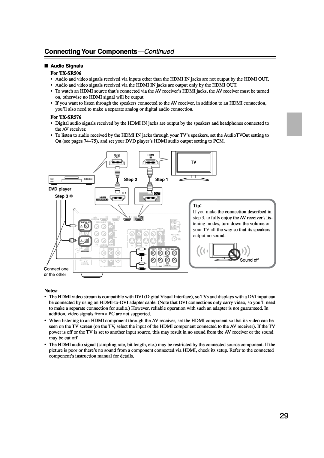 Onkyo instruction manual Connecting Your Components—Continued, Audio Signals, For TX-SR506, For TX-SR576, Notes 