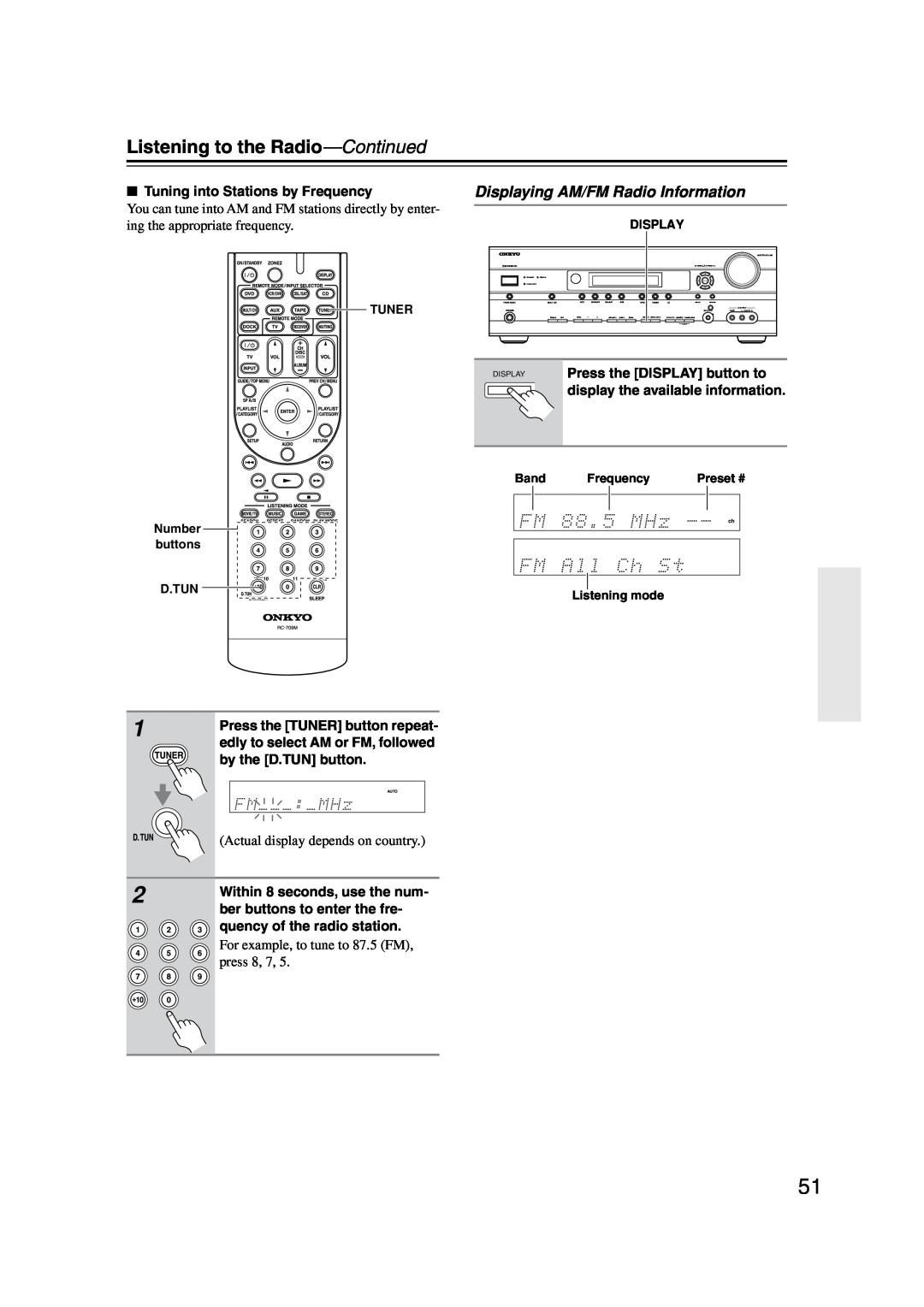 Onkyo TX-SR576, TX-SR506 instruction manual Displaying AM/FM Radio Information, Listening to the Radio-Continued 