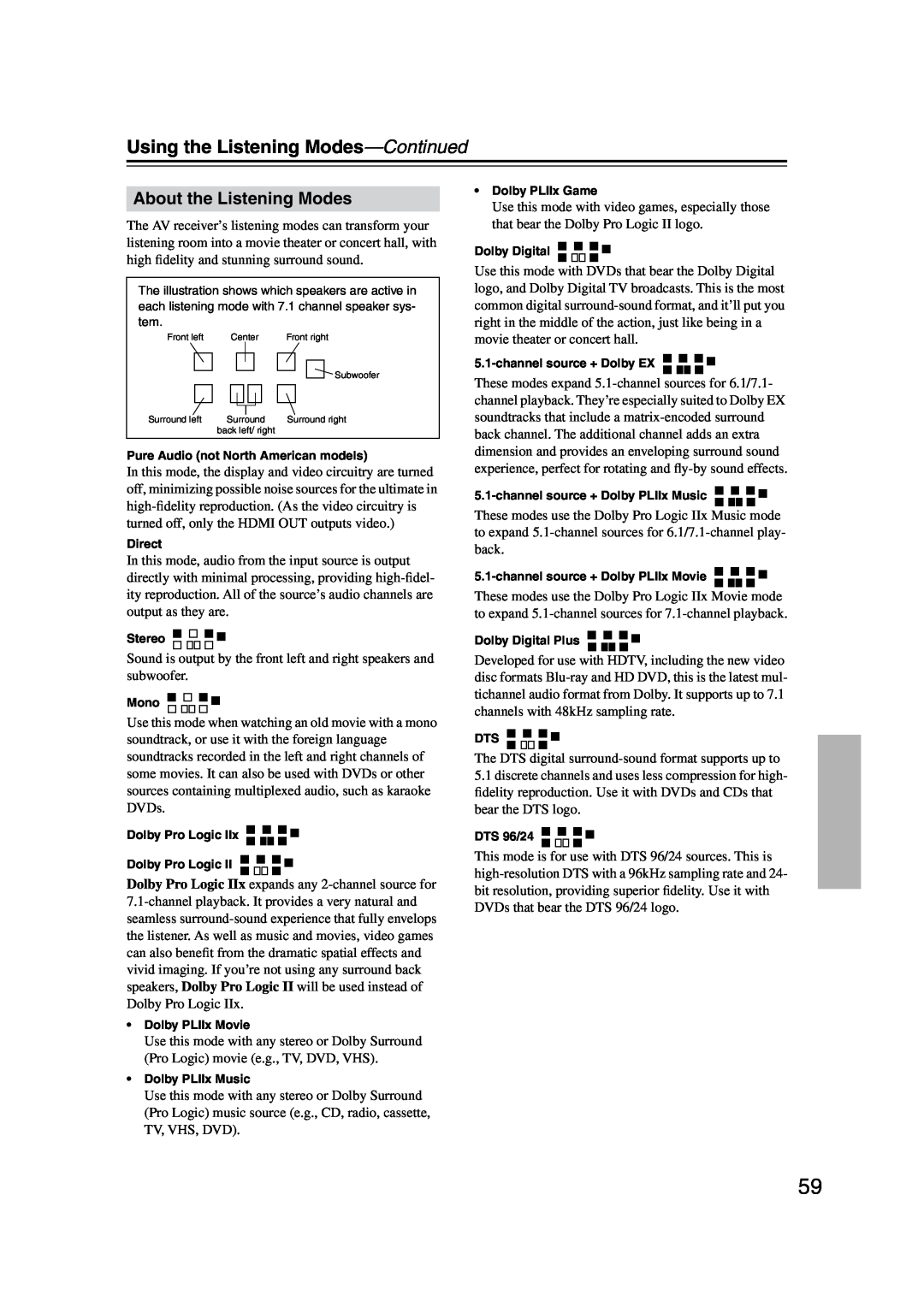 Onkyo TX-SR576, TX-SR506 instruction manual About the Listening Modes, Using the Listening Modes—Continued 