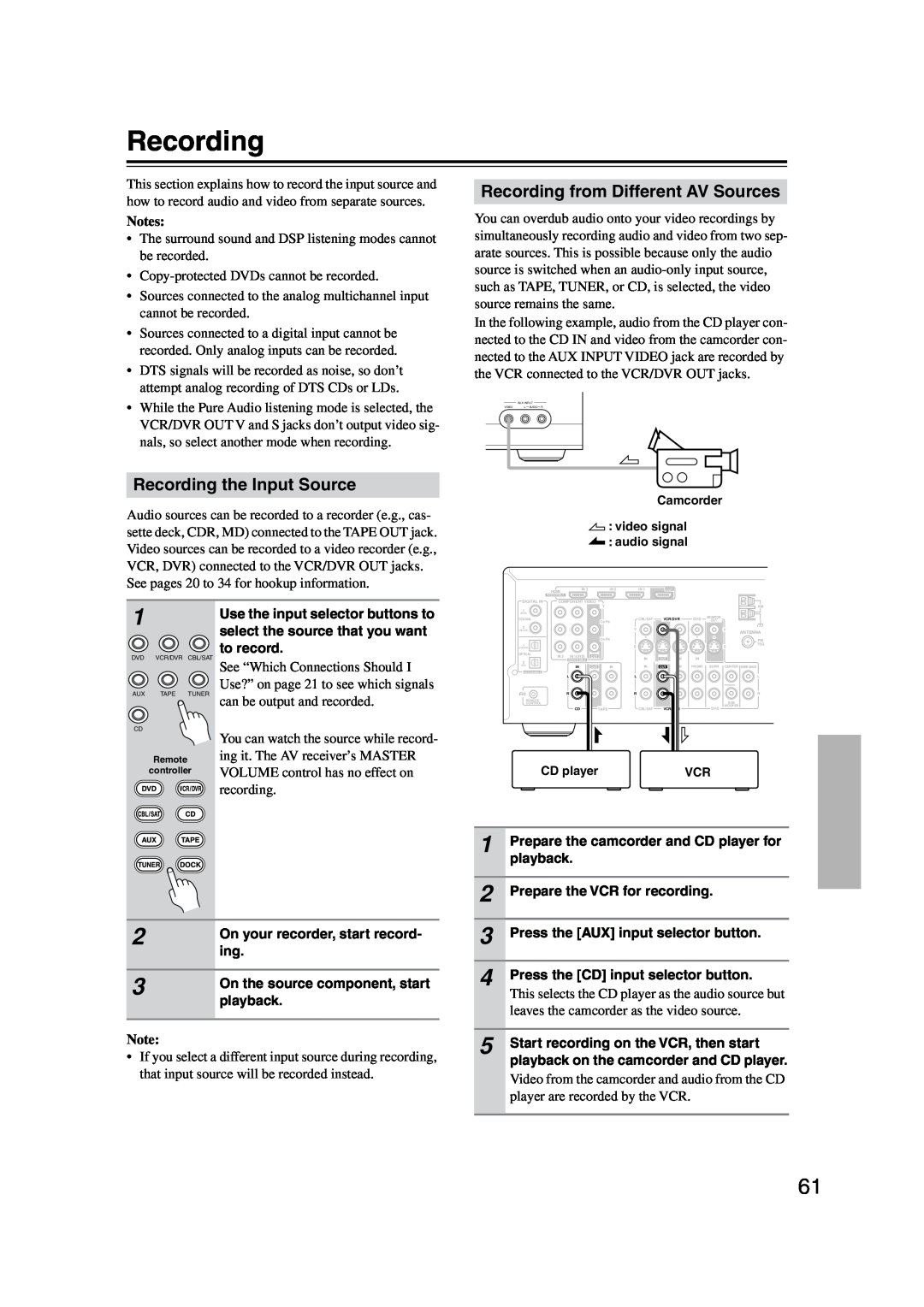 Onkyo TX-SR576, TX-SR506 instruction manual Recording the Input Source, Recording from Different AV Sources, Notes 