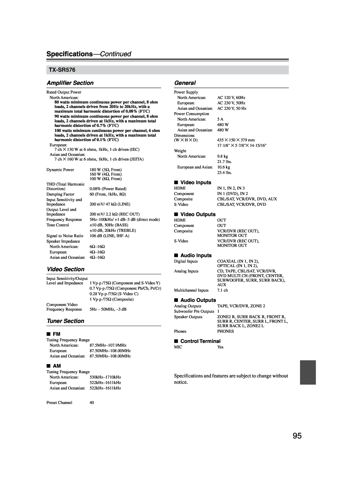 Onkyo TX-SR576, TX-SR506 instruction manual Speciﬁcations—Continued, Ampliﬁer Section, Video Section, Tuner Section, General 