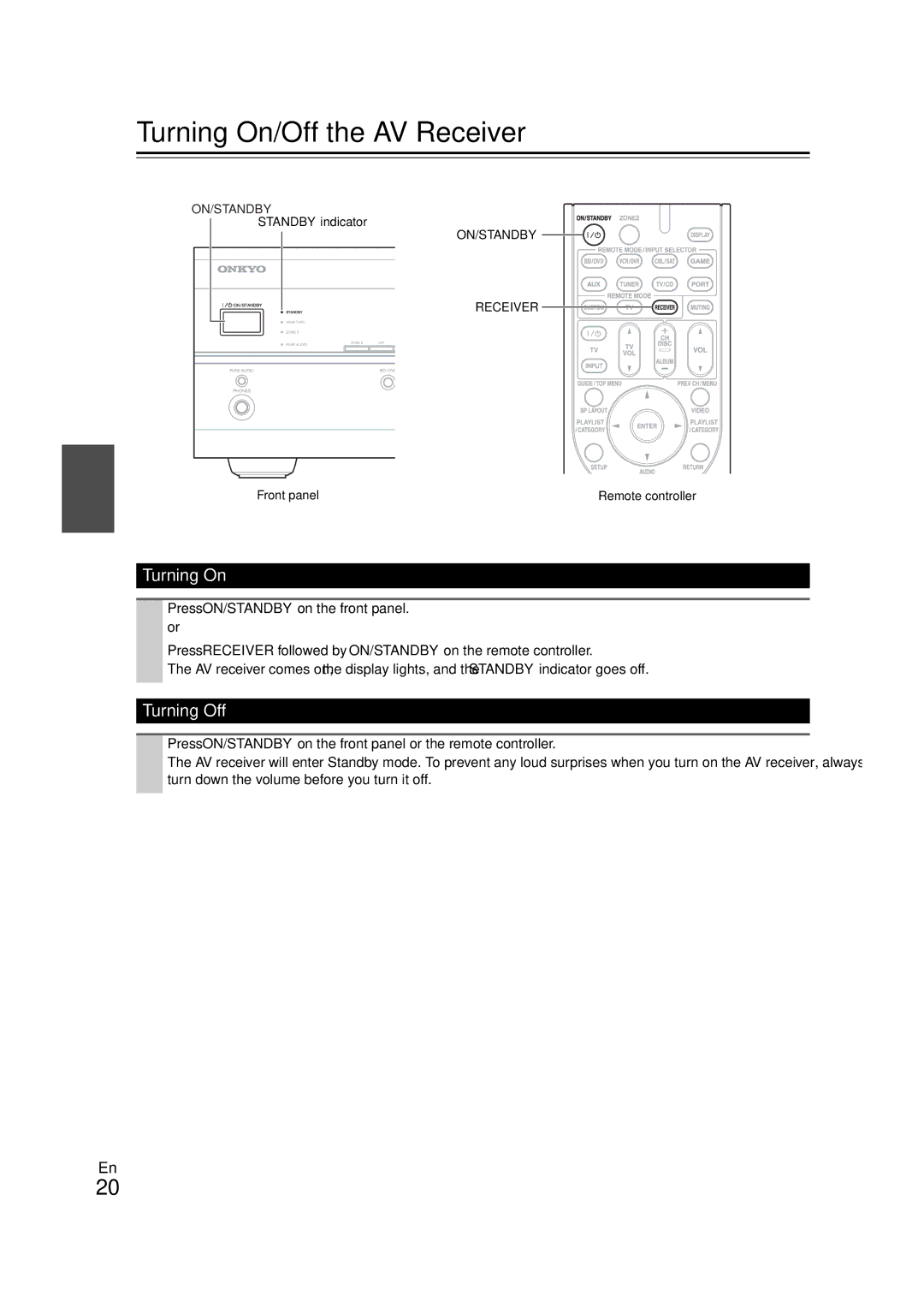 Onkyo TX-SR508 instruction manual Turning On/Off the AV Receiver, Turning Off 