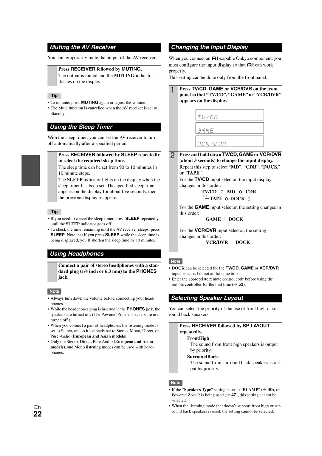 Onkyo TX-SR508 Muting the AV Receiver, Using the Sleep Timer, Using Headphones, Changing the Input Display 