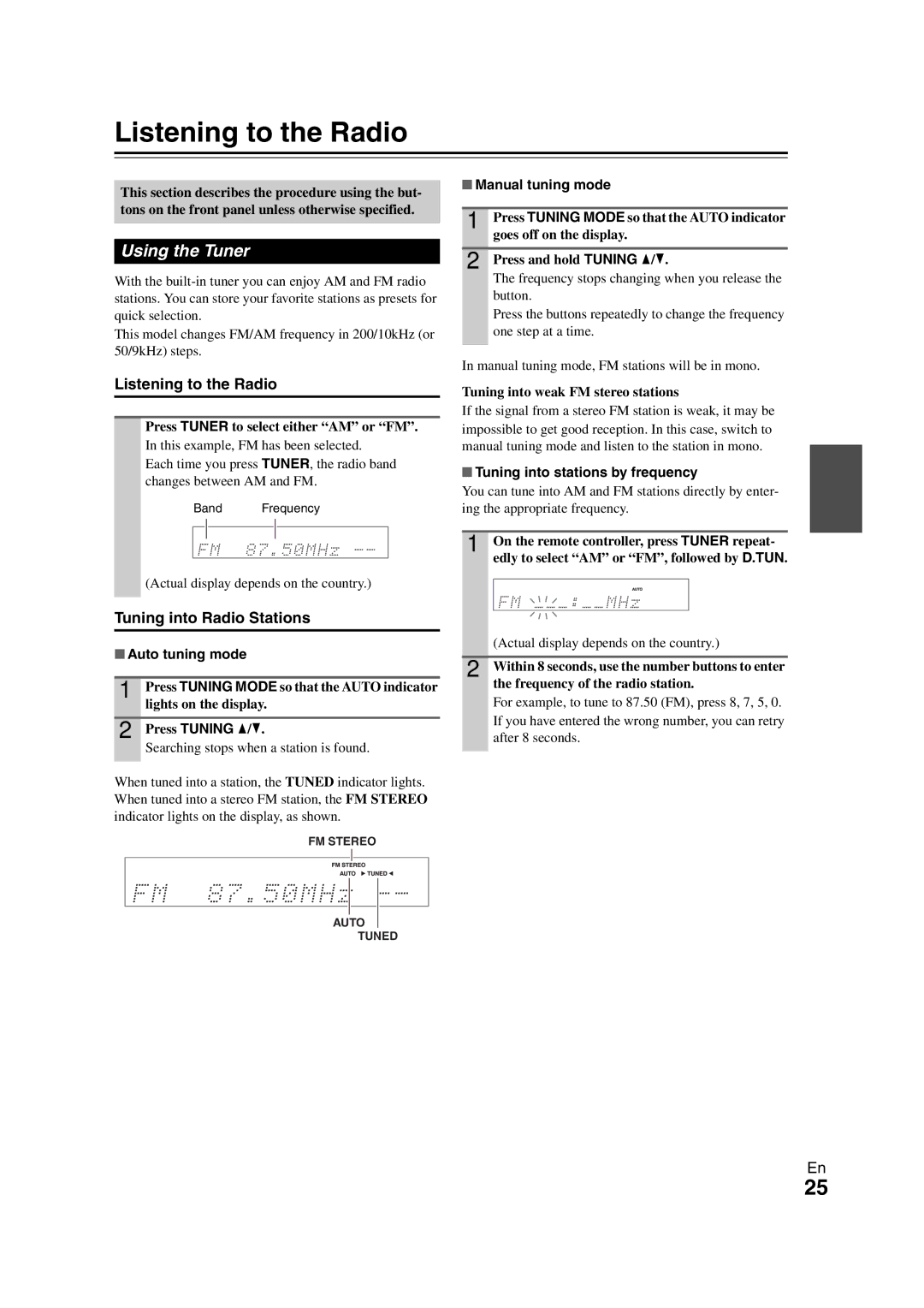 Onkyo TX-SR508 instruction manual Listening to the Radio, Using the Tuner, Tuning into Radio Stations 