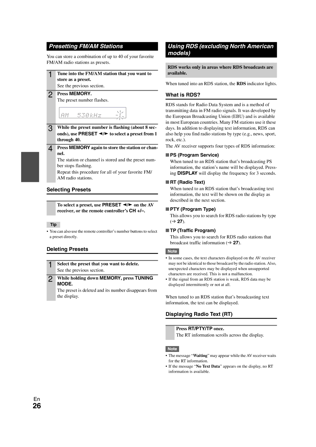 Onkyo TX-SR508 instruction manual Presetting FM/AM Stations, Using RDS excluding North American models 