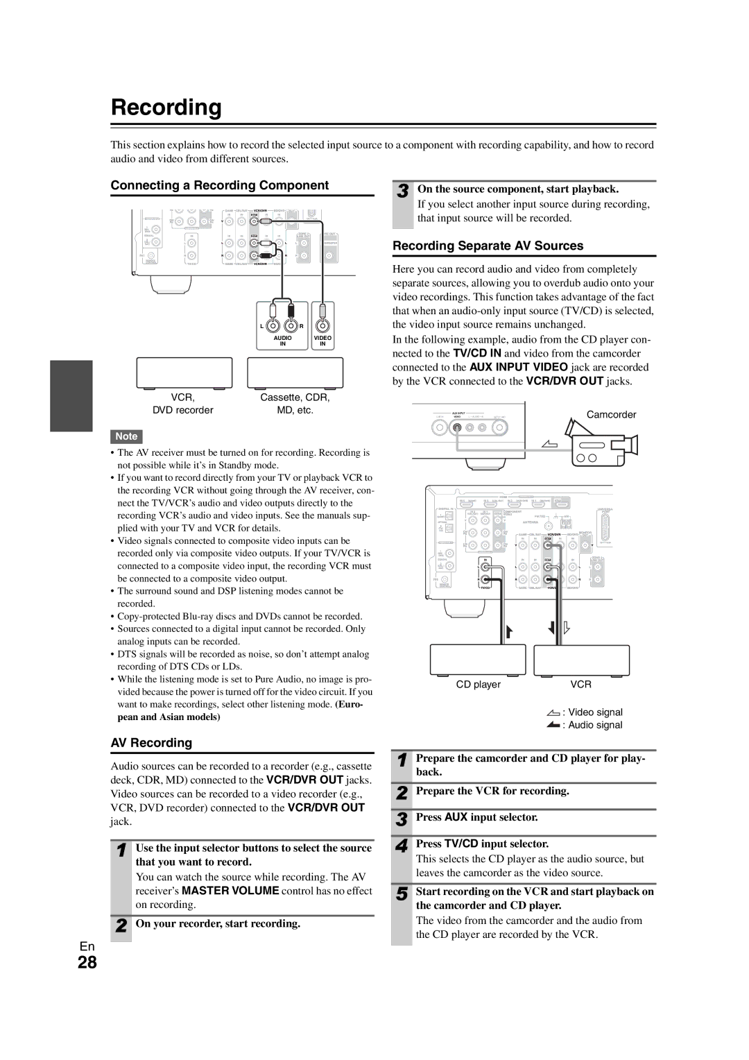 Onkyo TX-SR508 instruction manual Connecting a Recording Component, Recording Separate AV Sources, AV Recording 