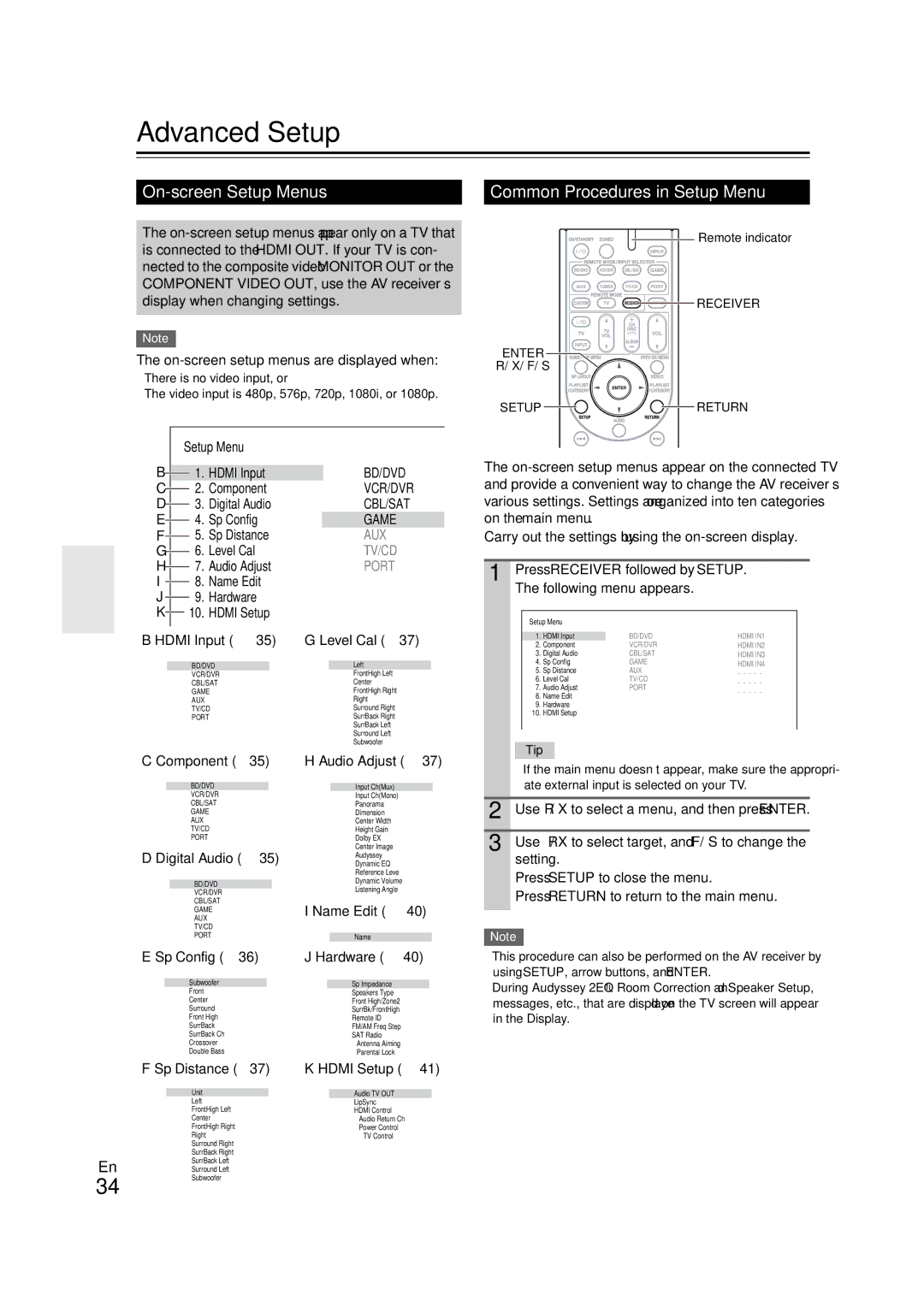 Onkyo TX-SR508 instruction manual Advanced Setup, On-screen Setup Menus, Common Procedures in Setup Menu 