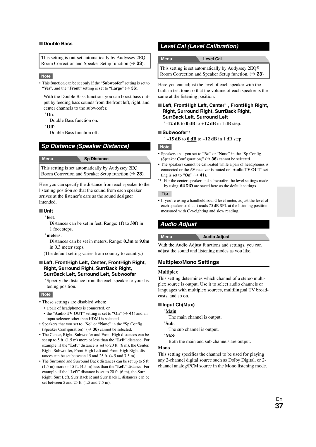 Onkyo TX-SR508 instruction manual Sp Distance Speaker Distance, Audio Adjust, Multiplex/Mono Settings 