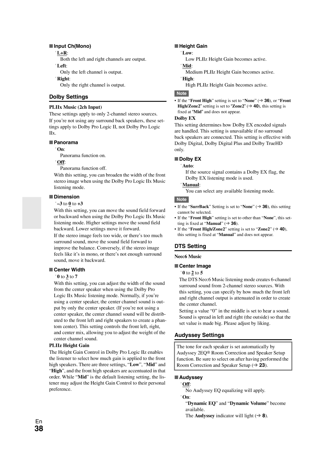 Onkyo TX-SR508 instruction manual Dolby Settings, DTS Setting, Audyssey Settings 