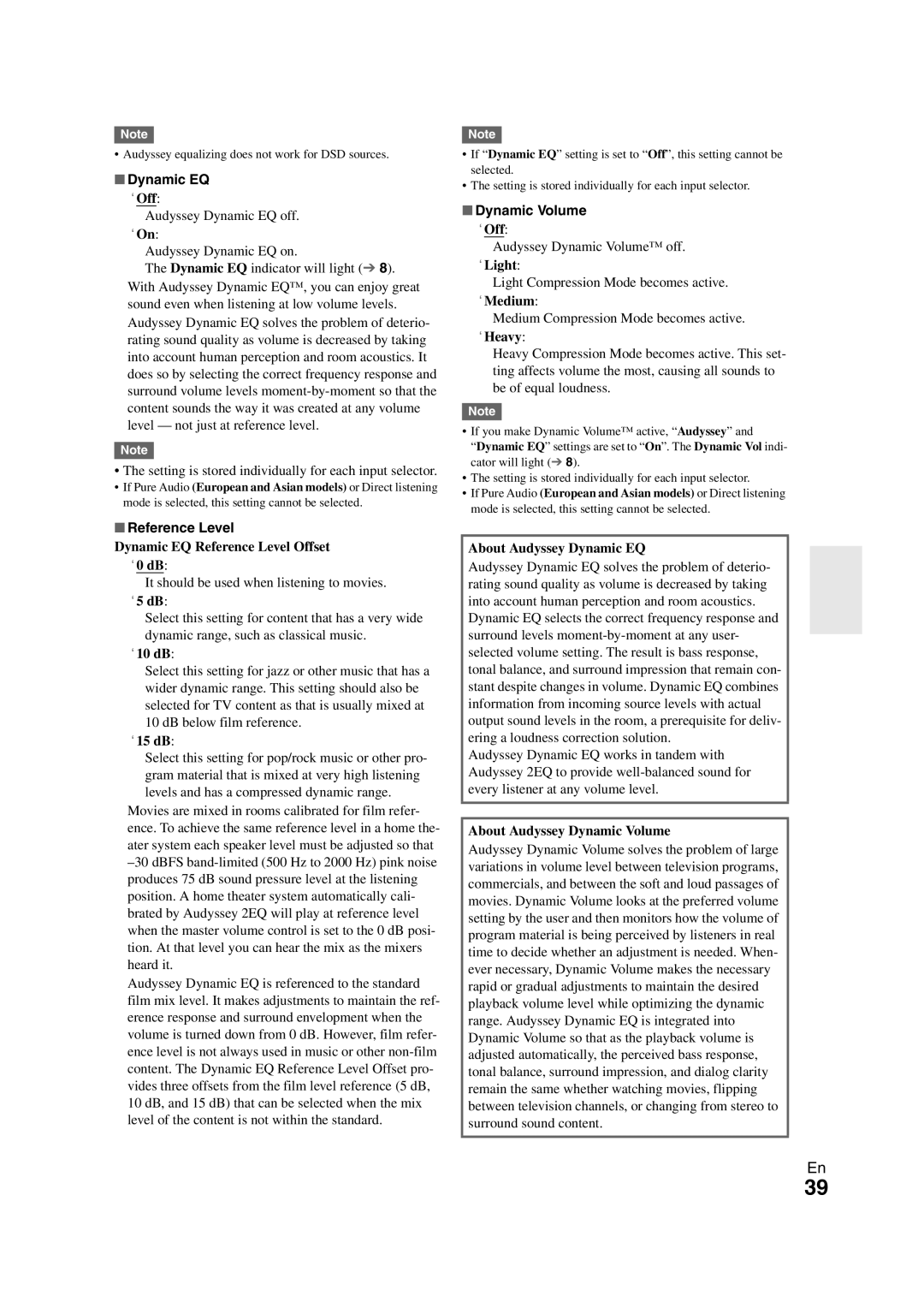 Onkyo TX-SR508 instruction manual Dynamic EQ, Reference Level, Dynamic Volume 