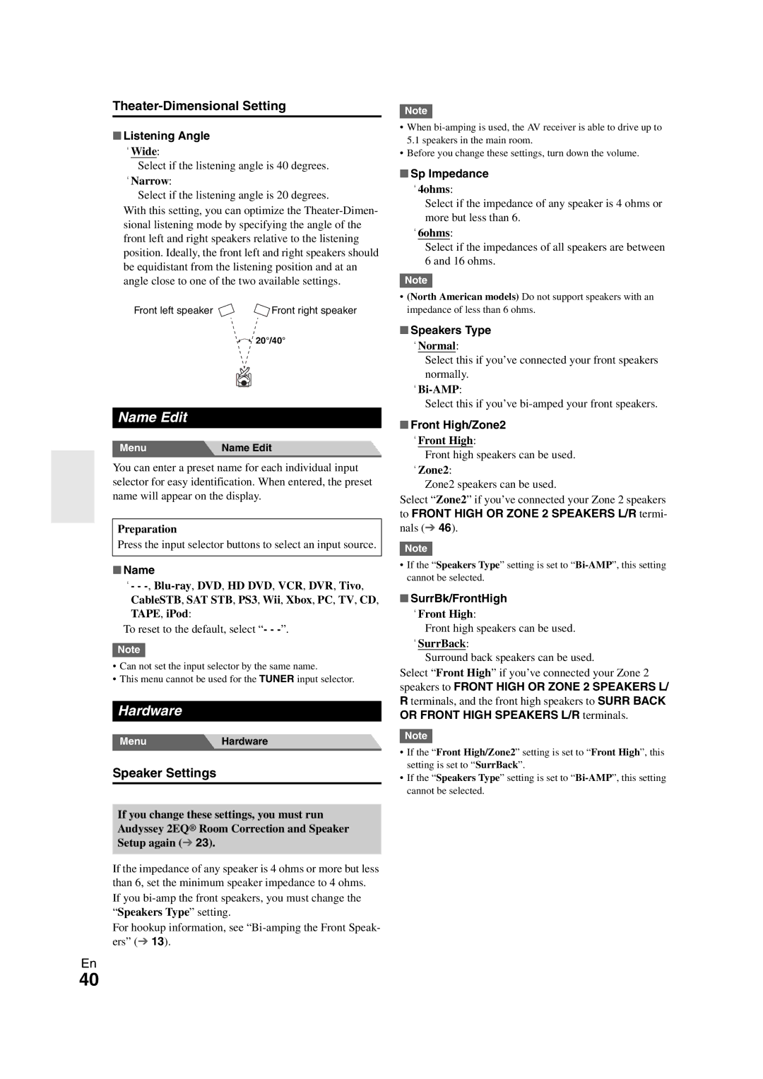 Onkyo TX-SR508 instruction manual Name Edit, Hardware, Theater-Dimensional Setting, Speaker Settings 