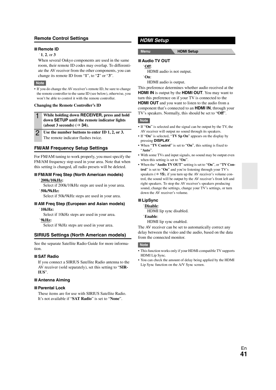 Onkyo TX-SR508 Hdmi Setup, Remote Control Settings, FM/AM Frequency Setup Settings, Sirius Settings North American models 