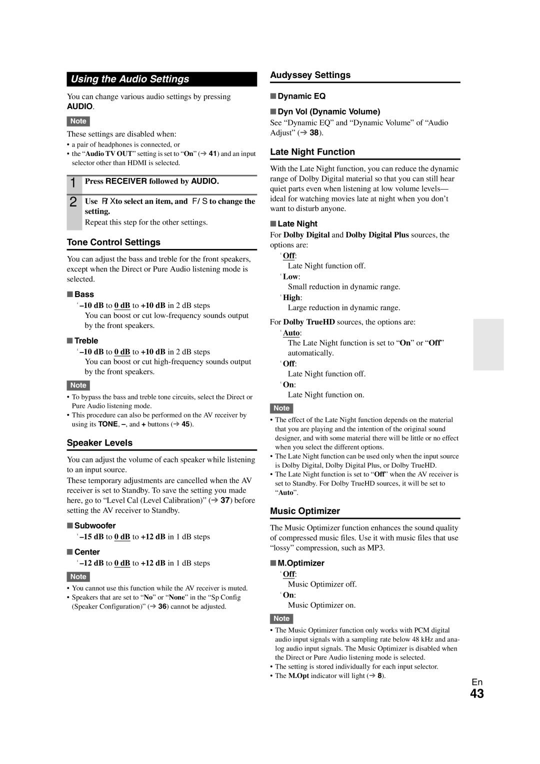 Onkyo TX-SR508 Using the Audio Settings, Tone Control Settings, Speaker Levels, Late Night Function, Music Optimizer 