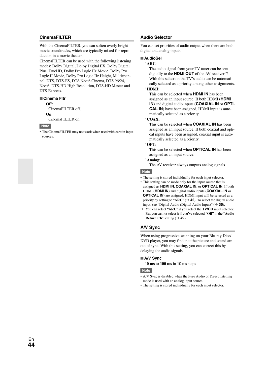 Onkyo TX-SR508 instruction manual CinemaFILTER, Audio Selector, Sync 