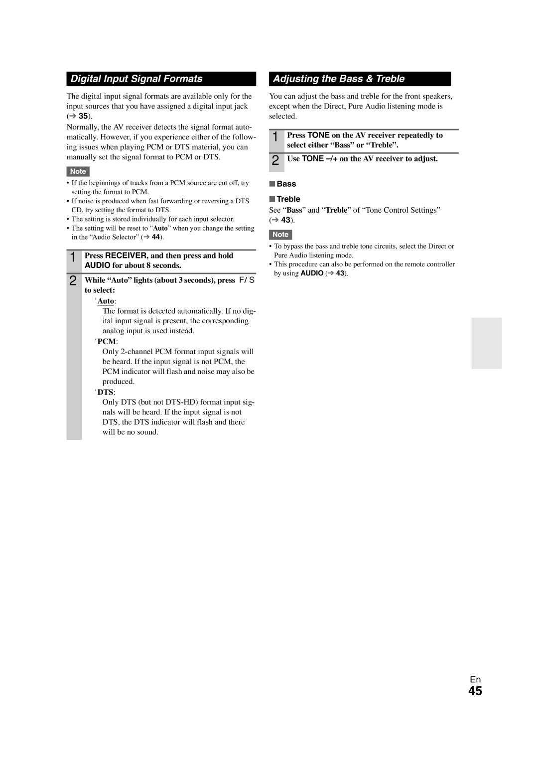 Onkyo TX-SR508 instruction manual Digital Input Signal Formats, Adjusting the Bass & Treble, Bass Treble 