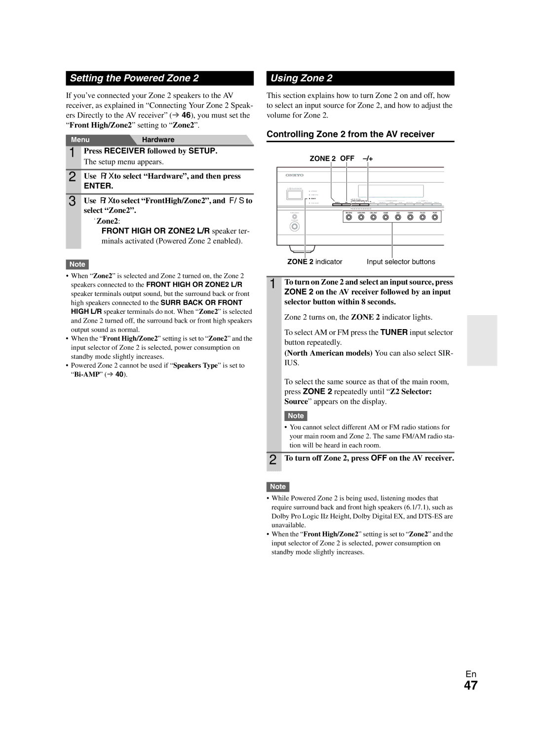 Onkyo TX-SR508 instruction manual Setting the Powered Zone Using Zone, Controlling Zone 2 from the AV receiver 