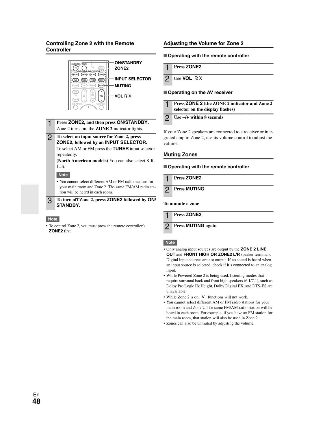 Onkyo TX-SR508 Controlling Zone 2 with the Remote Controller, Adjusting the Volume for Zone, Muting Zones 
