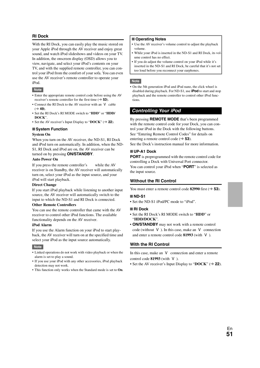 Onkyo TX-SR508 instruction manual Controlling Your iPod, RI Dock, Without the RI Control, With the RI Control 