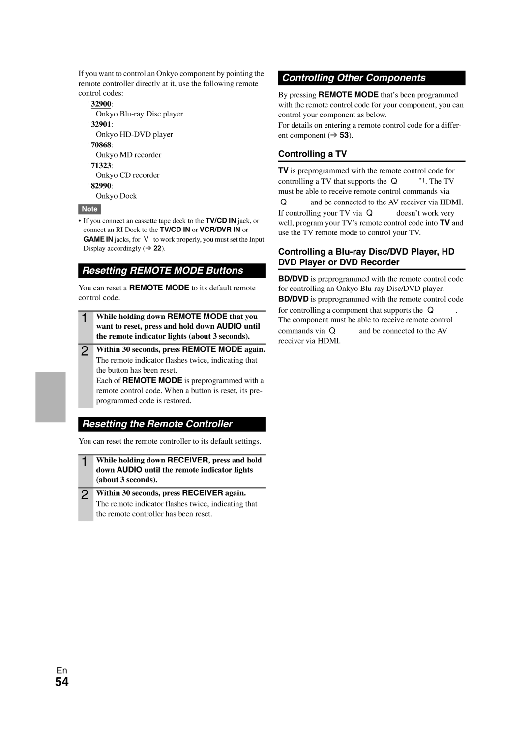 Onkyo TX-SR508 Resetting Remote Mode Buttons, Resetting the Remote Controller, Controlling Other Components 