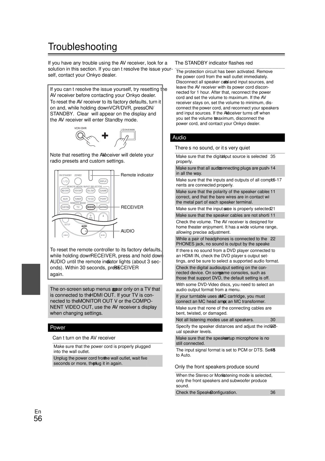 Onkyo TX-SR508 instruction manual Troubleshooting, Can’t turn on the AV receiver, Standby indicator flashes red 