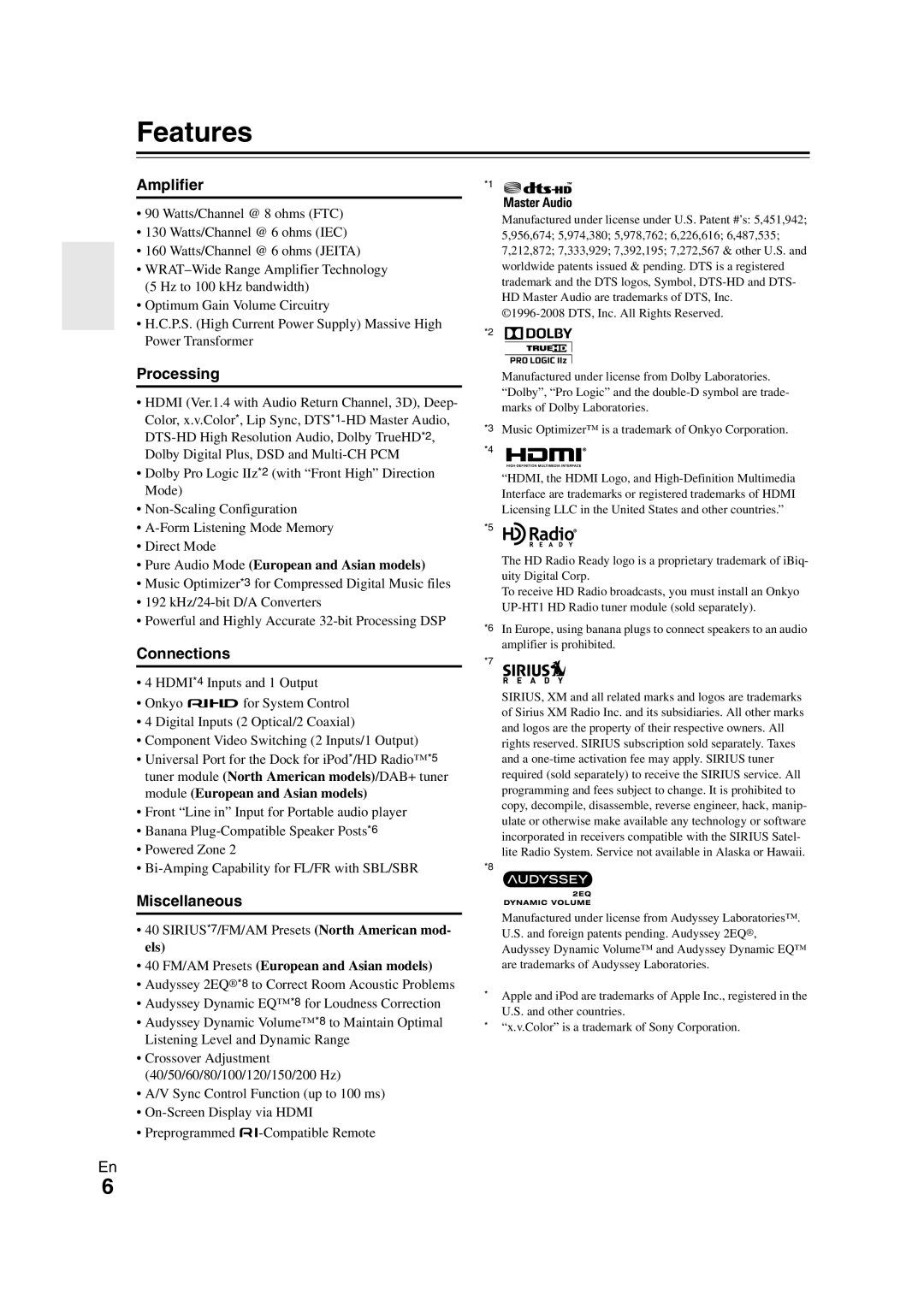 Onkyo TX-SR508 instruction manual Features, Amplifier, Processing, Miscellaneous 