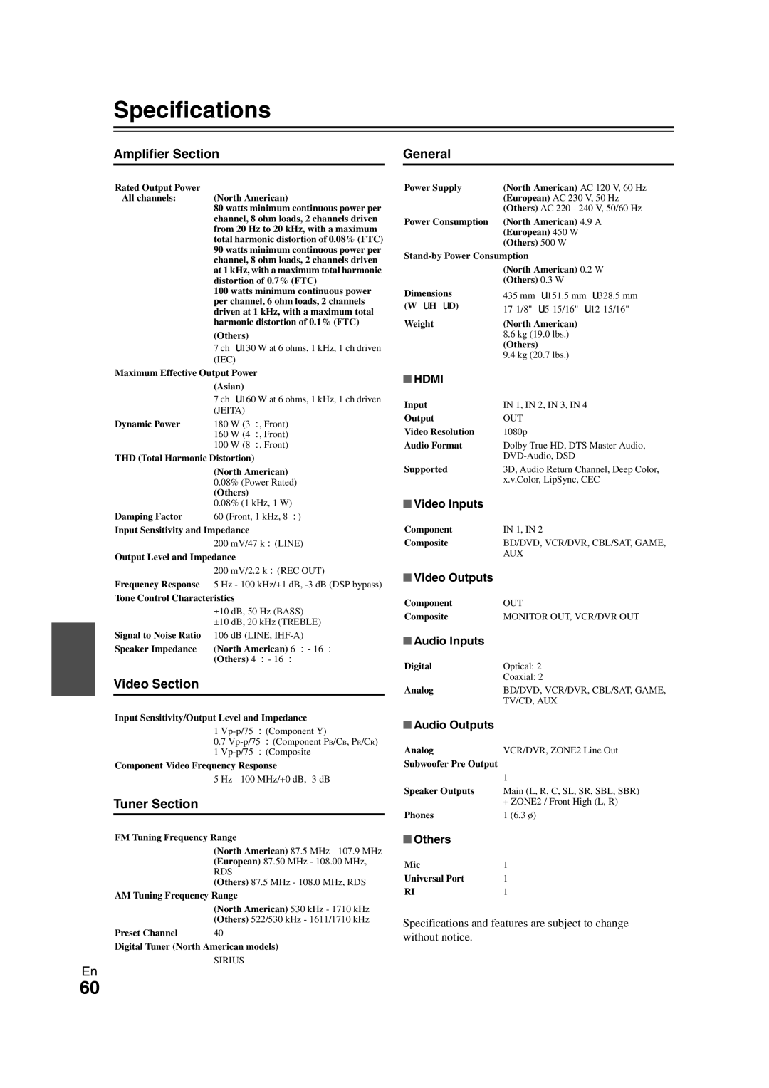 Onkyo TX-SR508 instruction manual Specifications, Amplifier Section, Video Section, Tuner Section, General 