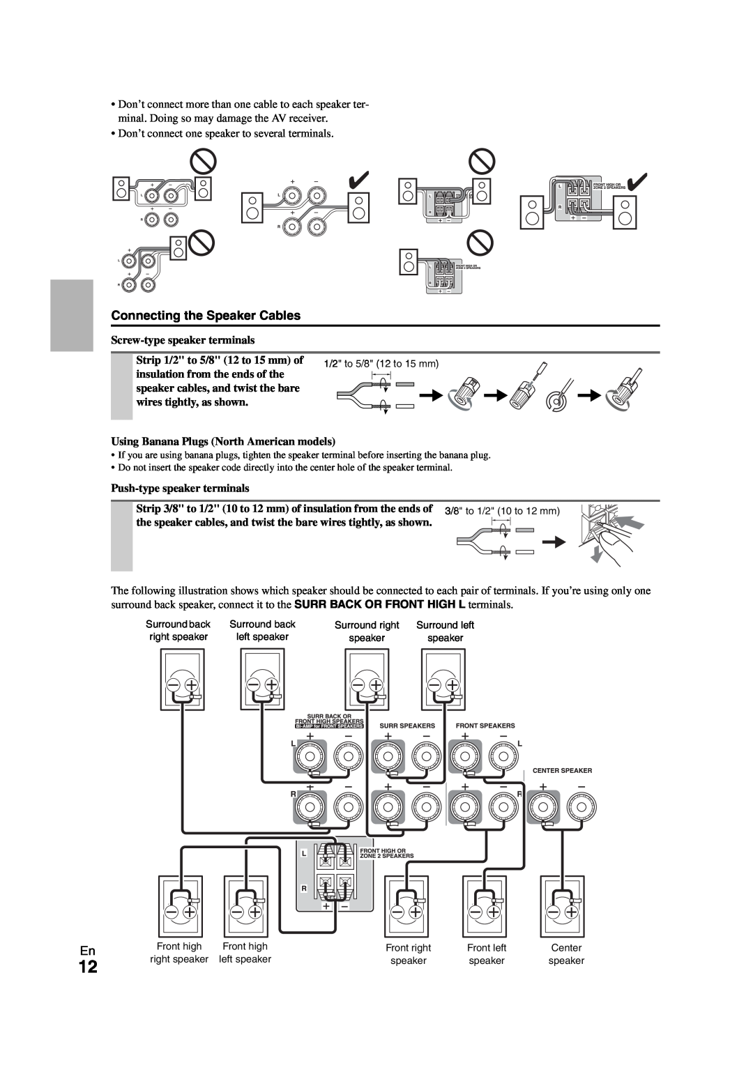 Onkyo TX-SR508 instruction manual Connecting the Speaker Cables 
