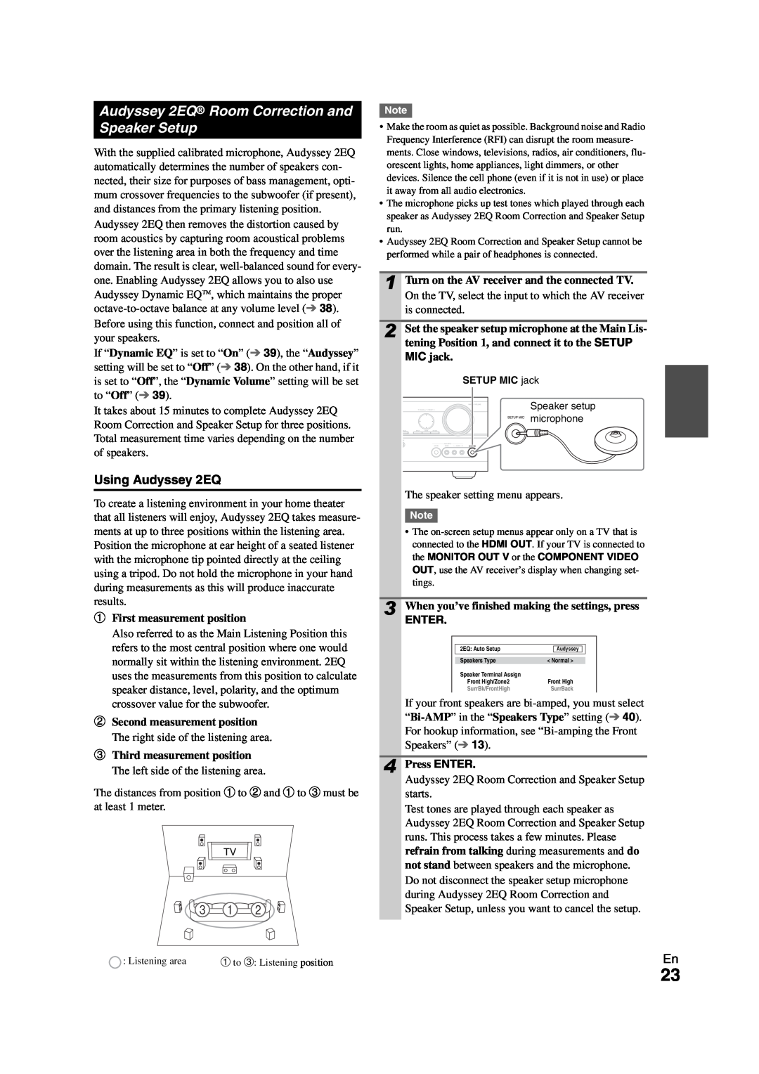 Onkyo TX-SR508 instruction manual Audyssey 2EQ Room Correction and, Speaker Setup, Using Audyssey 2EQ, Enter 