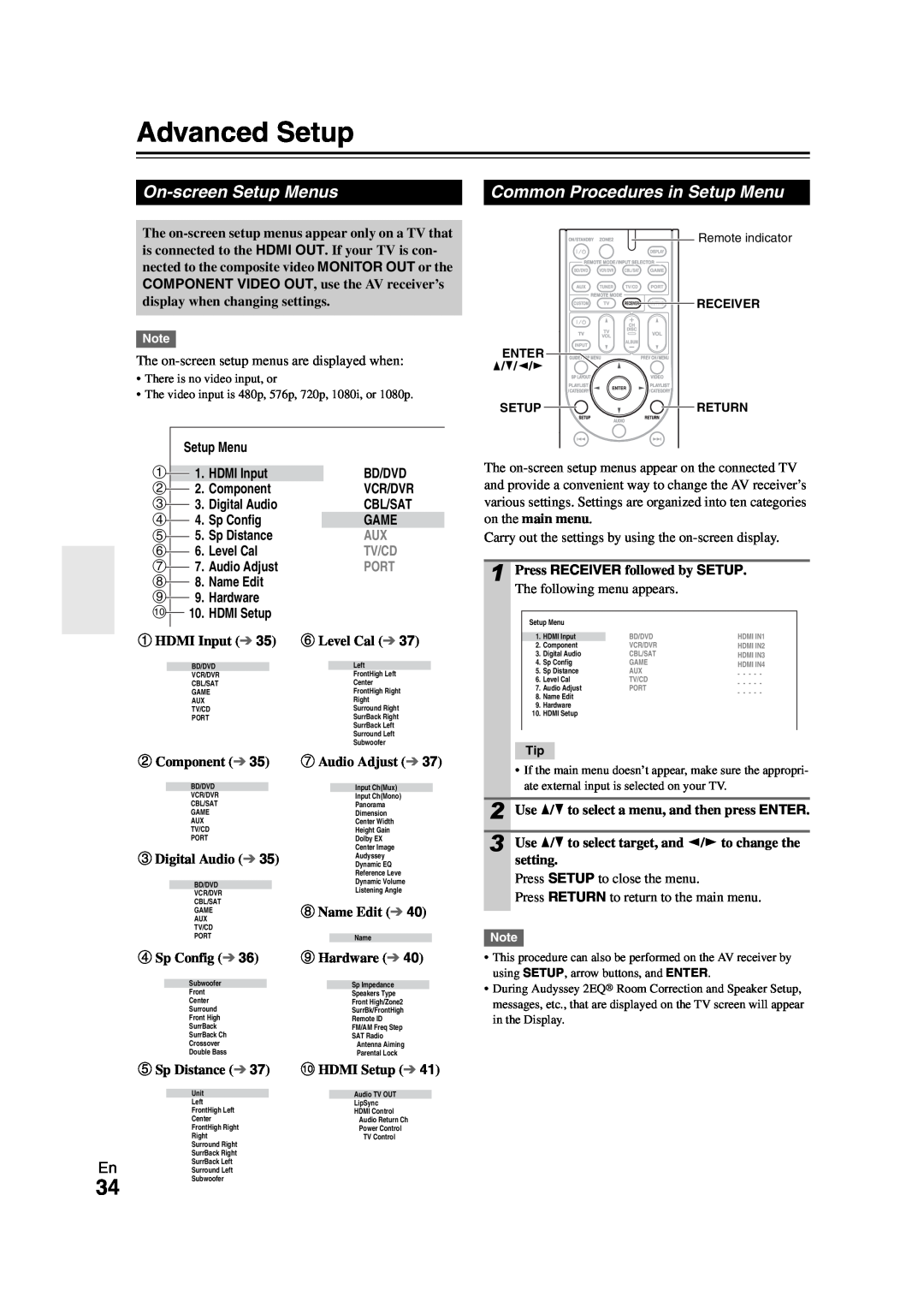 Onkyo TX-SR508 Advanced Setup, On-screenSetup Menus, Common Procedures in Setup Menu, Bd/Dvd Vcr/Dvr Cbl/Sat Game 