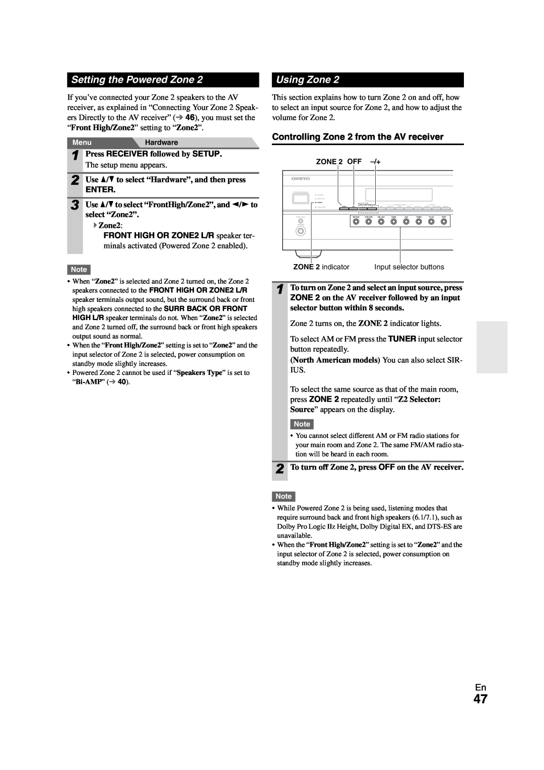 Onkyo TX-SR508 instruction manual Setting the Powered Zone, Using Zone, Controlling Zone 2 from the AV receiver, Enter 